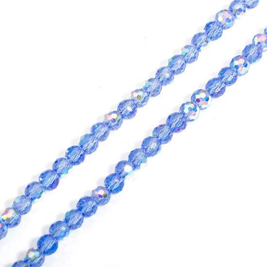 Picture of 1 Strand (Approx 98 - 92 PCs/Strand) Glass Beads For DIY Charm Jewelry Making Round Blue AB Rainbow Color Faceted About 4mm Dia, Hole: Approx 0.8mm, 37cm(14 5/8") long - 35cm(13 6/8") long