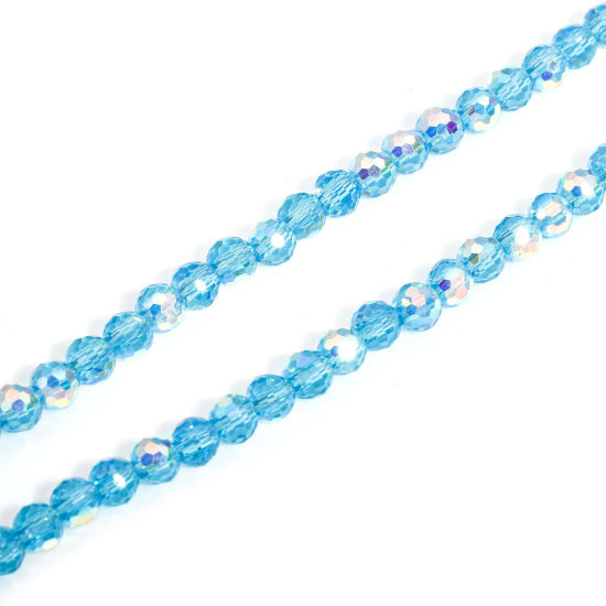 Picture of 1 Strand (Approx 98 - 92 PCs/Strand) Glass Beads For DIY Charm Jewelry Making Round Peacock Blue AB Rainbow Color Faceted About 4mm Dia, Hole: Approx 0.8mm, 37cm(14 5/8") long - 35cm(13 6/8") long
