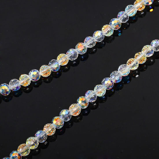Picture of 1 Strand (Approx 98 - 92 PCs/Strand) Glass Beads For DIY Charm Jewelry Making Round Creamy-White AB Rainbow Color Faceted About 4mm Dia, Hole: Approx 0.8mm, 37cm(14 5/8") long - 35cm(13 6/8") long