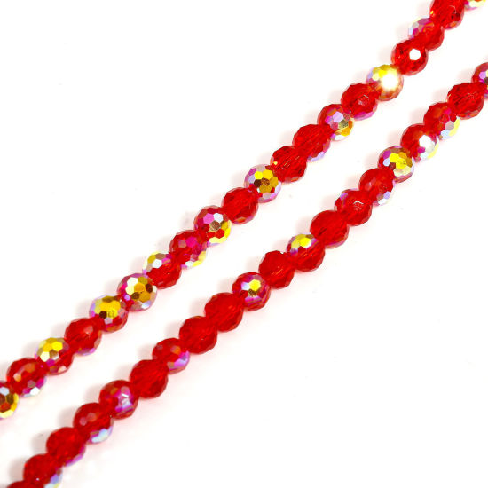 Picture of 1 Strand (Approx 98 - 92 PCs/Strand) Glass Beads For DIY Charm Jewelry Making Round Red AB Rainbow Color Faceted About 4mm Dia, Hole: Approx 0.8mm, 37cm(14 5/8") long - 35cm(13 6/8") long