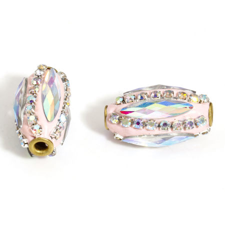 Image de 1 Pièce Perles pour DIY Fabrication de Bijoux en Pâte Polymère Rugby Rose Clair à Strass Couleur AB 21mm x 12mm, Taille de Trou: 2.2mm