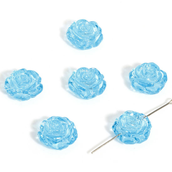 Picture of 2 PCs Lampwork Glass Valentine's Day Beads For DIY Jewelry Making Rose Flower Blue 3D About 18mm x 18mm, Hole: Approx 1.2mm