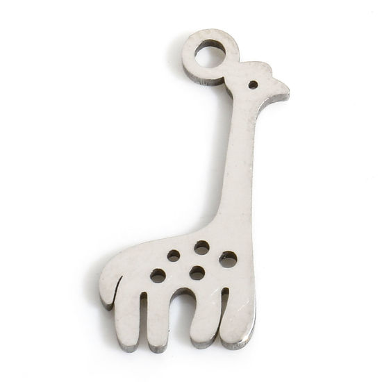 Bild von 5 Stück Umweltfreundlich 304 Edelstahl Niedlich Charms Giraffe Silberfarbe Hohl 16.5mm x 7.5mm