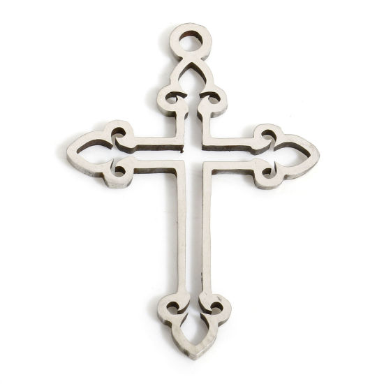 Bild von 5 Stück Umweltfreundlich 304 Edelstahl Religiös Charms Kreuz Silberfarbe Hohl 27mm x 18.5mm