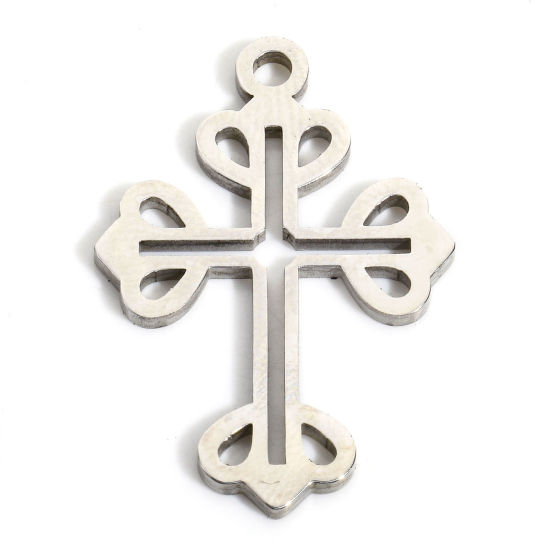 Bild von 5 Stück Umweltfreundlich 304 Edelstahl Religiös Charms Kreuz Silberfarbe Hohl 29mm x 19.5mm