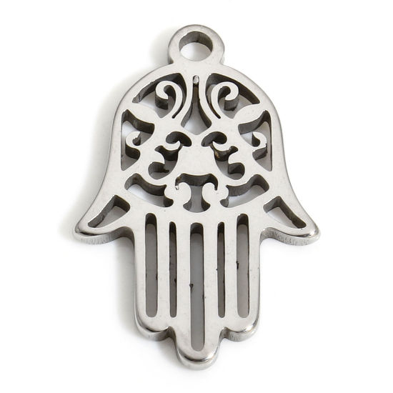 Bild von 5 Stück Umweltfreundlich 304 Edelstahl Religiös Charms Hamsa Symbol Hand Silberfarbe Hohl 21mm x 13.5mm