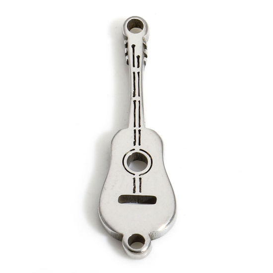 Bild von 5 Stück Umweltfreundlich 304 Edelstahl Einfach Steckverbinder Charms Anhänger Gitarre Silberfarbe 21.5mm x 6.5mm