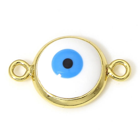 Picture of 2 PCs Brass Religious Connectors Charms Pendants Round Evil Eye 18K Real Gold Plated White Enamel 16mm x 10mm