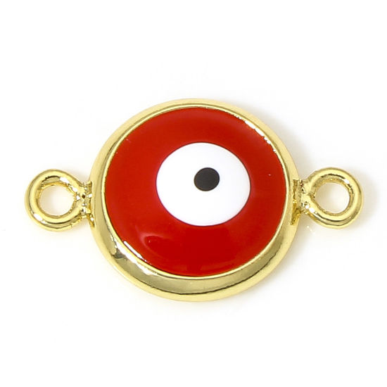 Picture of 2 PCs Brass Religious Connectors Charms Pendants Round Evil Eye 18K Real Gold Plated Red Enamel 16mm x 10mm