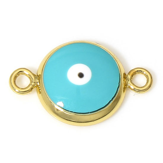 Picture of 2 PCs Brass Religious Connectors Charms Pendants Round Evil Eye 18K Real Gold Plated Green Blue Enamel 16mm x 10mm