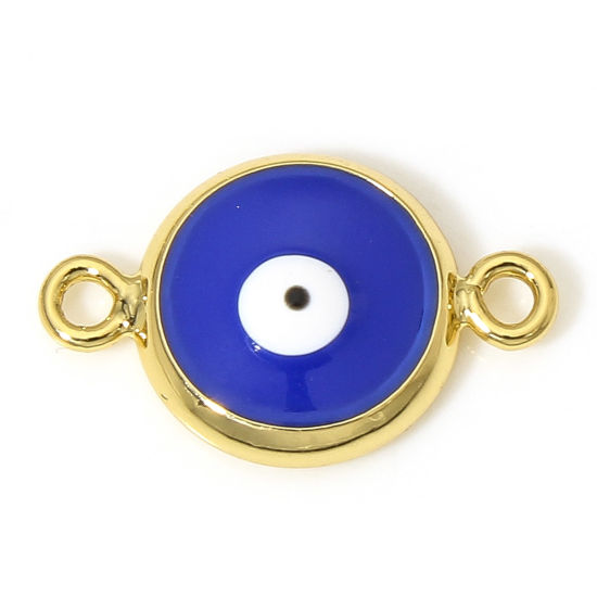 Picture of 2 PCs Brass Religious Connectors Charms Pendants Round Evil Eye 18K Real Gold Plated Dark Blue Enamel 16mm x 10mm