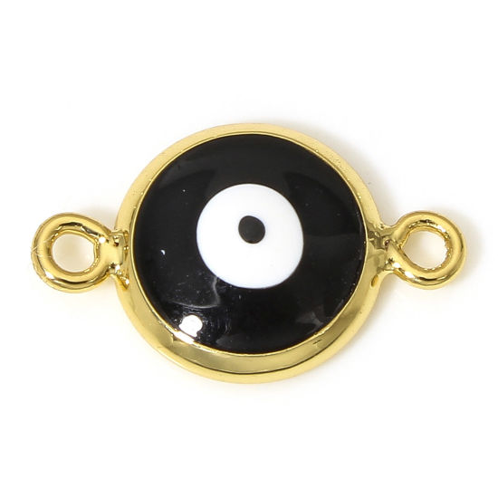 Picture of 2 PCs Brass Religious Connectors Charms Pendants Round Evil Eye 18K Real Gold Plated Black Enamel 16mm x 10mm