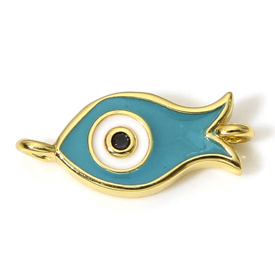 Image de 1 Pièce Connecteurs Pendentifs Breloques Religieux en Laiton Poisson Plaqué Or Véritable 18K Bleu-Vert Œil Mauvais Émail 15mm x 7mm