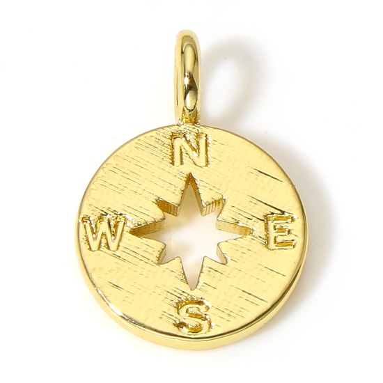 Picture of 1 Piece Brass Travel Charms 18K Real Gold Plated Round Compass 17mm x 12mm