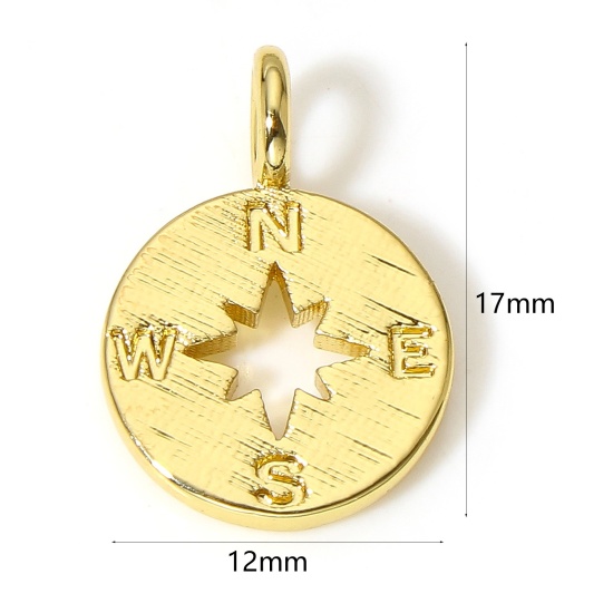 Picture of 1 Piece Brass Travel Charms 18K Real Gold Plated Round Compass 17mm x 12mm