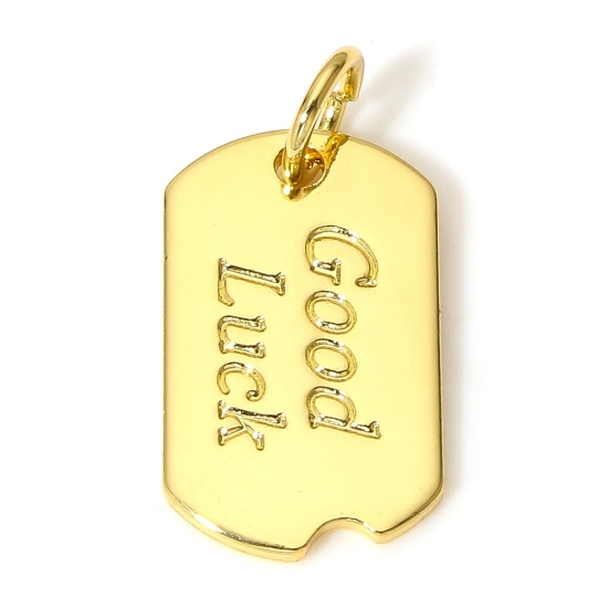 Picture of 1 Piece Brass Positive Quotes Energy Charms 18K Real Gold Plated Rectangle Message " GOOD LUCK " 19mm x 9mm