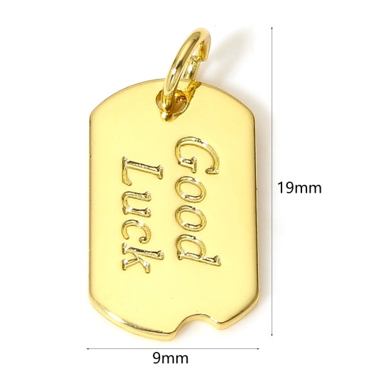 Bild von 1 Stück Messing Positive Zitate Energie Charms 18K Echtgold plattiert Rechteck Message GOOD LUCK " 19mm x 9mm