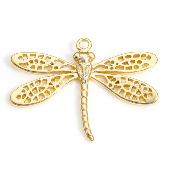 Immagine di 2 Pz Ottone Insetto Charms Libellula 18K Vero Oro Placcato Filigrana 22mm x 16mm