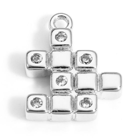 Picture of 2 PCs Brass Charms Real Platinum Plated Rubik's Cube/ Magic Cube Clear Cubic Zirconia Tetris 12mm x 10mm