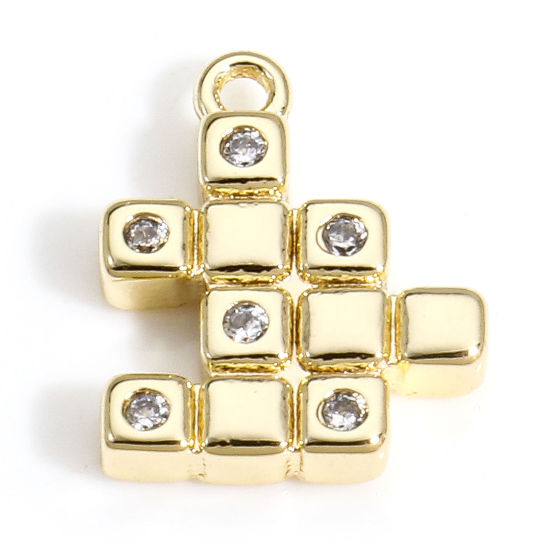 Picture of 2 PCs Brass Charms 18K Real Gold Plated Rubik's Cube/ Magic Cube Clear Cubic Zirconia Tetris 12mm x 10mm