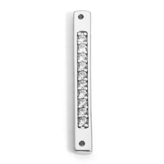Image de 2 Pcs Connecteurs Pendentifs Breloques Géométrique en Laiton Rectangle Plaqué Platine Véritable Micro Pave à Zircone Cubique Clair 32mm x 4mm