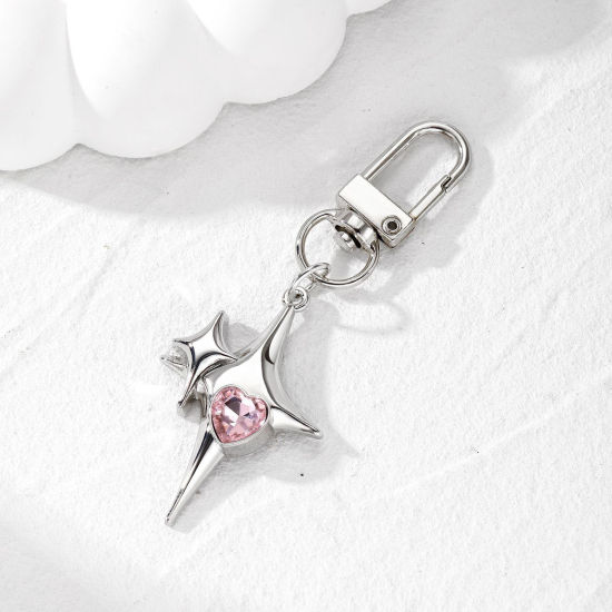 Picture of 1 Piece Galaxy Keychain & Keyring Silver Tone Cross Star Pink Rhinestone 7.9cm x 2.8cm