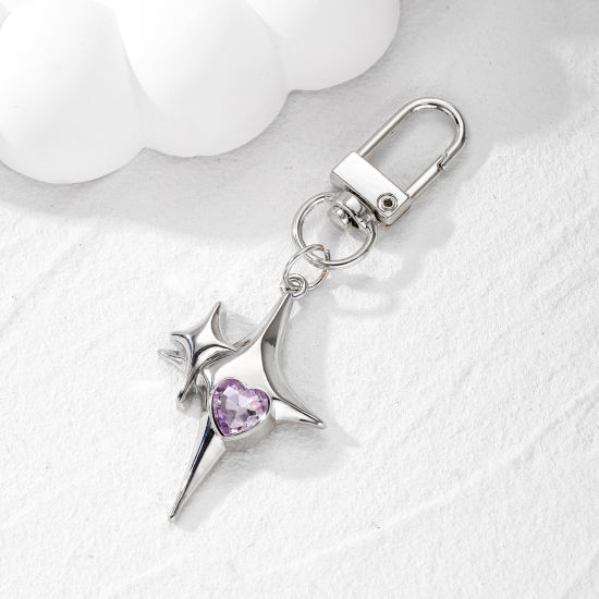 Picture of 1 Piece Galaxy Keychain & Keyring Silver Tone Cross Star Purple Rhinestone 7.9cm x 2.8cm