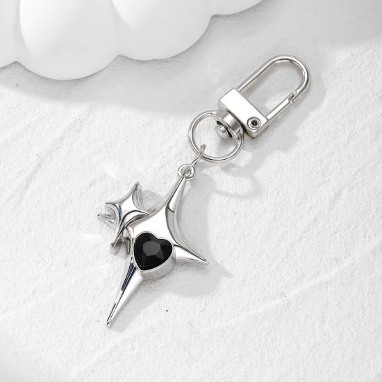 Picture of 1 Piece Galaxy Keychain & Keyring Silver Tone Cross Star Black Rhinestone 7.9cm x 2.8cm