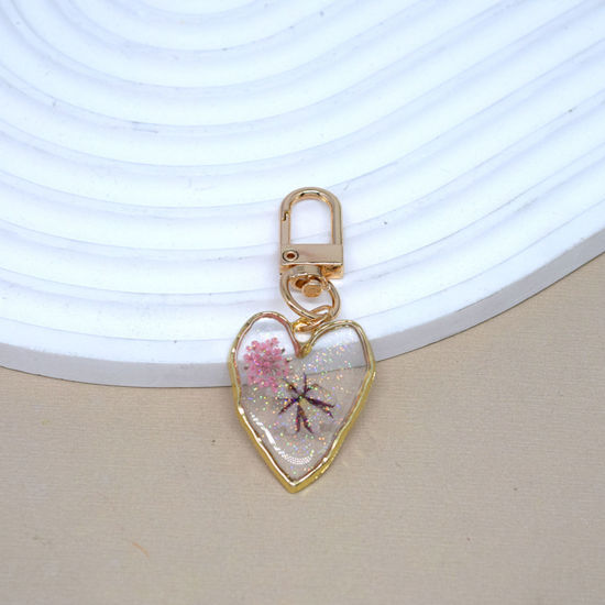 Picture of 1 Piece Handmade Resin Jewelry Real Flower Keychain & Keyring Gold Plated Pink Heart 6.5cm