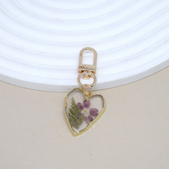 Picture of 1 Piece Handmade Resin Jewelry Real Flower Keychain & Keyring Gold Plated Hot Pink Heart 6.5cm