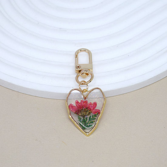 Picture of 1 Piece Handmade Resin Jewelry Real Flower Keychain & Keyring Gold Plated Red Heart 6.5cm