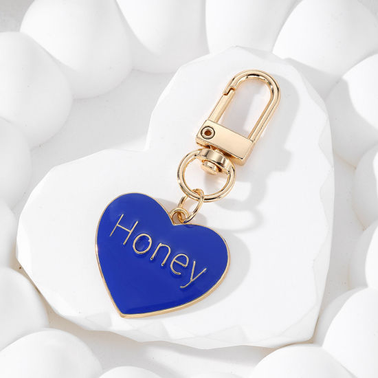 Picture of 1 Piece Valentine's Day Keychain & Keyring Gold Plated Royal Blue Heart Message " Honey " Enamel 7.2cm x 3cm
