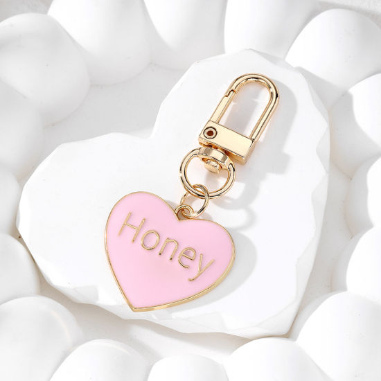 Picture of 1 Piece Valentine's Day Keychain & Keyring Gold Plated Pink Heart Message " Honey " Enamel 7.2cm x 3cm