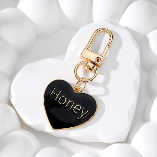 1 個 バレンタイン・デー キーチェーンとキーリング 金メッキ 黒 ハート 文字内容「 Honey」 エナメル 7.2cm x 3cm、 の画像