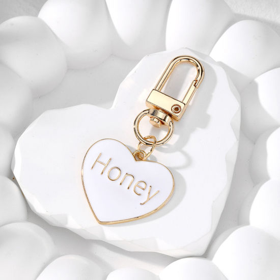Picture of 1 Piece Valentine's Day Keychain & Keyring Gold Plated White Heart Message " Honey " Enamel 7.2cm x 3cm