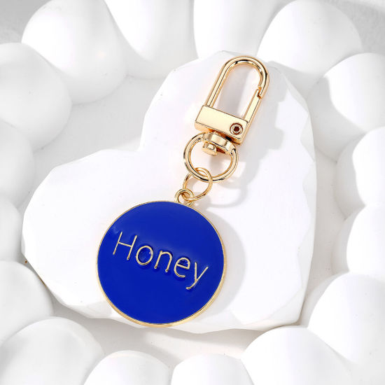 Picture of 1 Piece Valentine's Day Keychain & Keyring Gold Plated Royal Blue Round Message " Honey " Enamel 7.2cm x 3cm