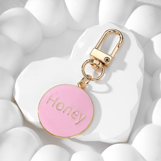 Picture of 1 Piece Valentine's Day Keychain & Keyring Gold Plated Pink Round Message " Honey " Enamel 7.2cm x 3cm