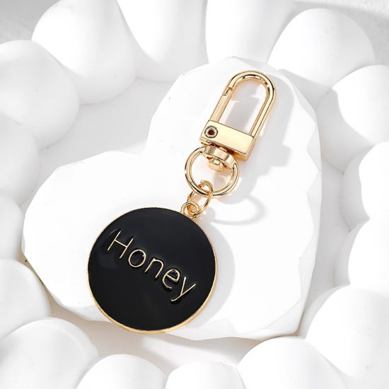 Picture of 1 Piece Valentine's Day Keychain & Keyring Gold Plated Black Round Message " Honey " Enamel 7.2cm x 3cm