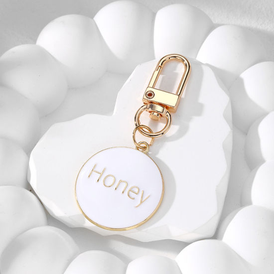 Picture of 1 Piece Valentine's Day Keychain & Keyring Gold Plated White Round Message " Honey " Enamel 7.2cm x 3cm
