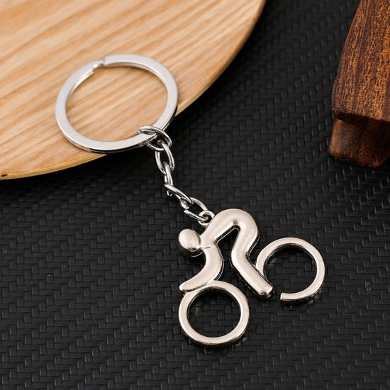 Picture of 1 Piece Sport Keychain & Keyring Silver Tone Athlete Bicycle 9cm