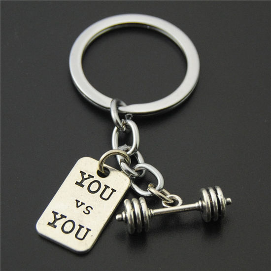 Picture of 1 Piece Sport Keychain & Keyring Antique Silver Color Dumbbell Message " You vs You " 8cm