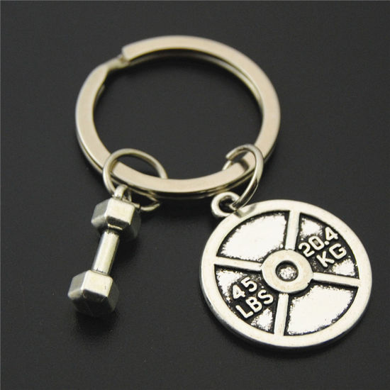 Picture of 1 Piece Sport Keychain & Keyring Antique Silver Color Dumbbell 8cm