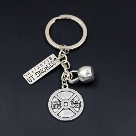 Image de 1 Pièce Porte-Clés Sport Argent Vieilli Rond Mots" Strong Is Beautiful " 8cm