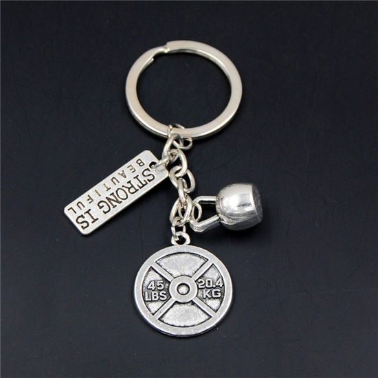 Picture of 1 Piece Sport Keychain & Keyring Antique Silver Color Round Message " Strong Is Beautiful " 8cm