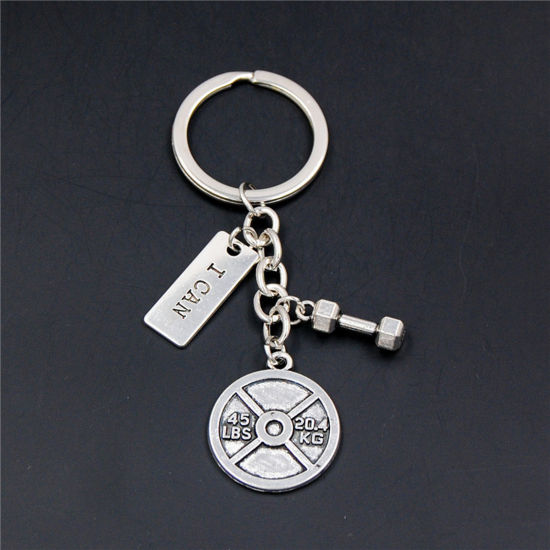 Bild von 1 Stück Sport Schlüsselkette & Schlüsselring Antiksilber Hantel Message " I Can " 8cm
