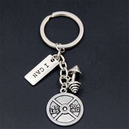 Picture of 1 Piece Sport Keychain & Keyring Antique Silver Color Dumbbell Message " I Can " 8cm