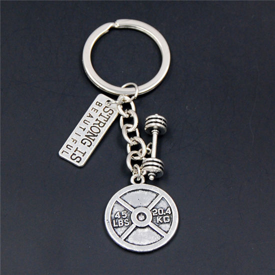 Picture of 1 Piece Sport Keychain & Keyring Antique Silver Color Dumbbell Message " Strong Is Beautiful " 8cm