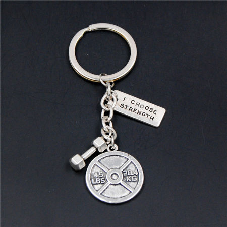 Image de 1 Pièce Porte-Clés Sport Argent Vieilli Haltère Mots" I Choose Strength " 8cm