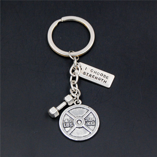 Picture of 1 Piece Sport Keychain & Keyring Antique Silver Color Dumbbell Message " I Choose Strength " 8cm