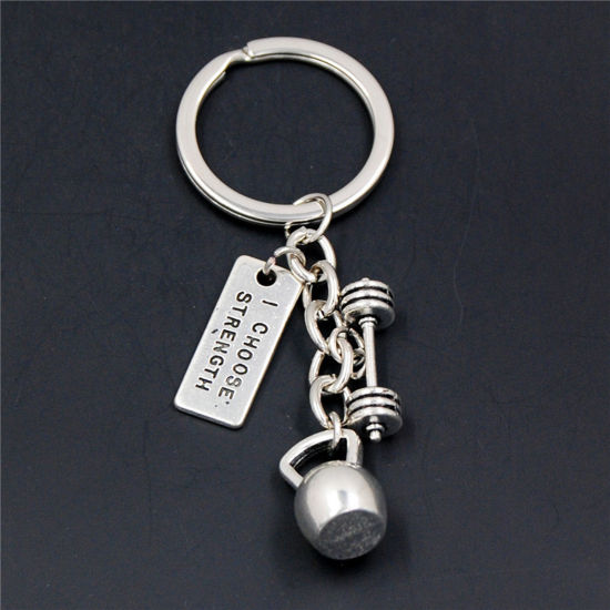 Picture of 1 Piece Sport Keychain & Keyring Antique Silver Color Dumbbell Message " I Choose Strength " 8cm